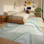 Soft Green Abstract Wavy Stripes Rug Bedroom View
