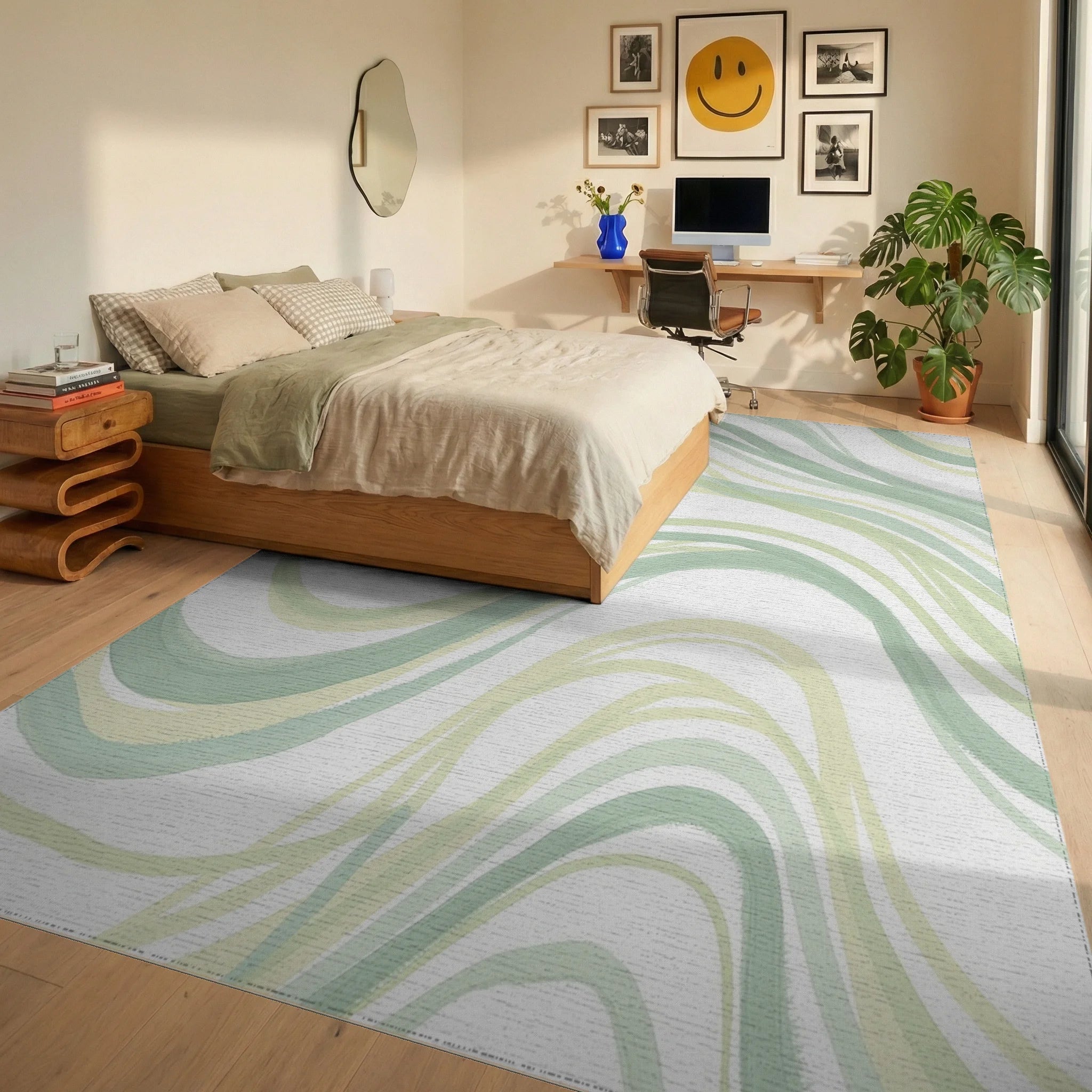 Soft Green Abstract Wavy Stripes Rug Bedroom View