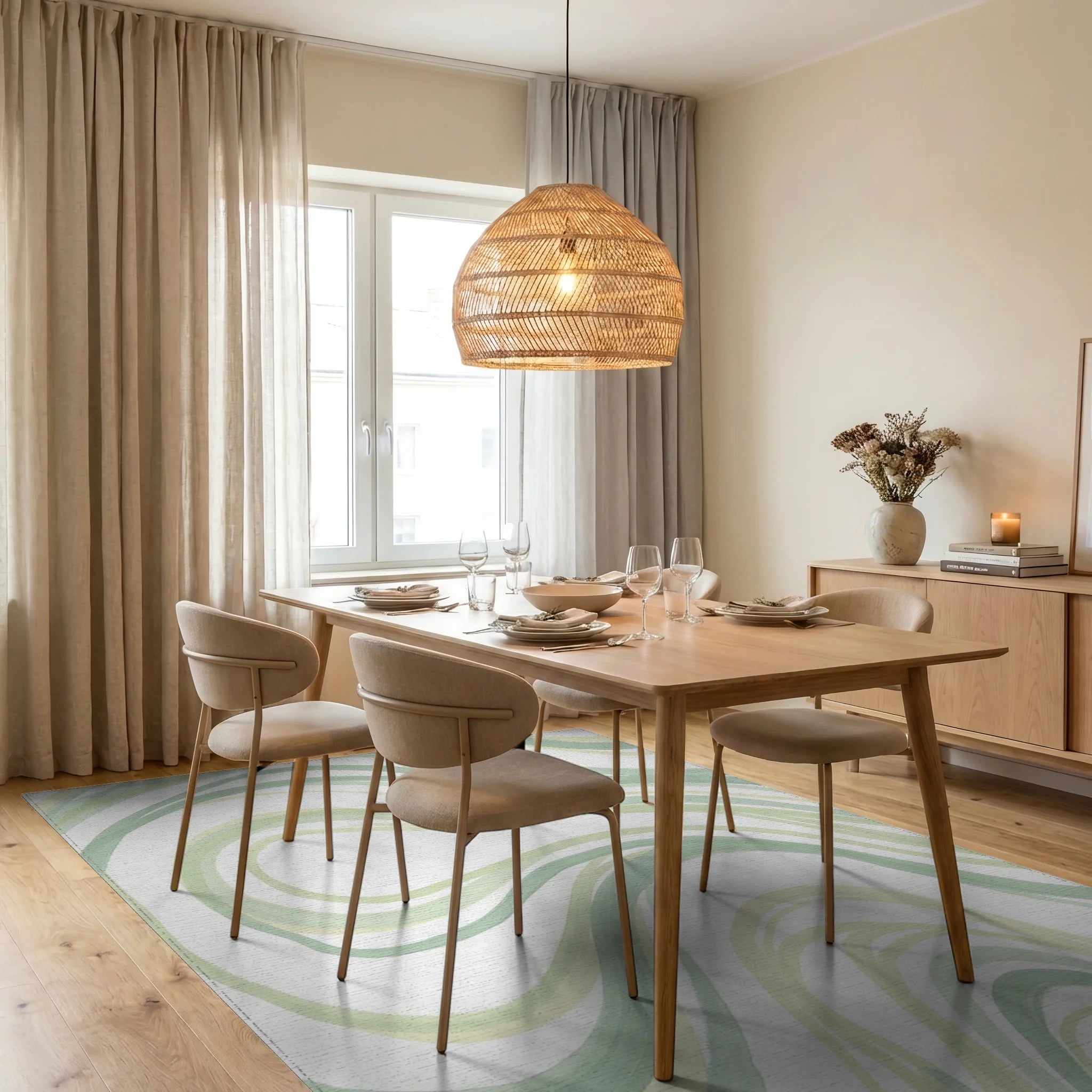 Soft Green Abstract Wavy Stripes Rug Dining Room View