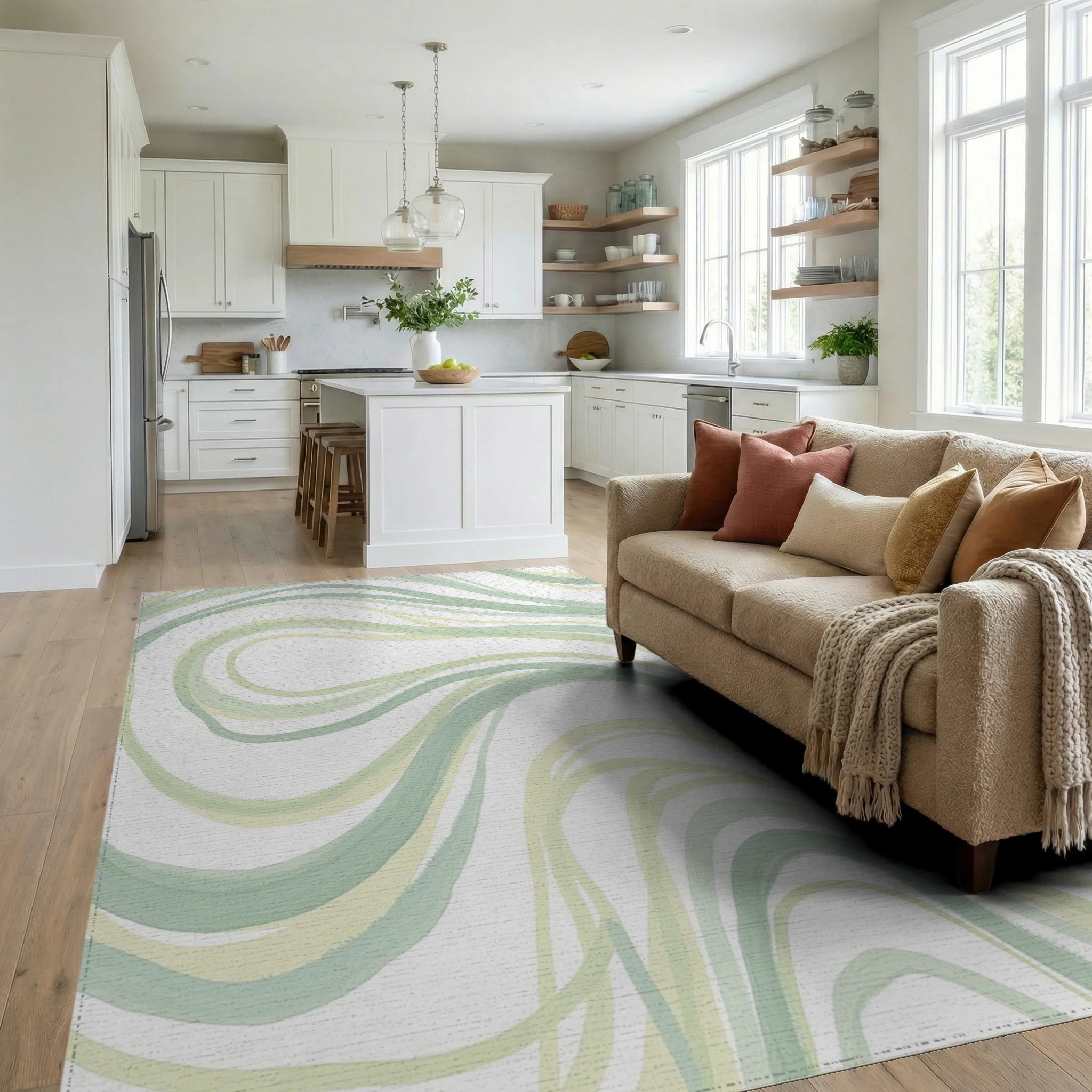 Soft Green Abstract Wavy Stripes Rug Living Room View
