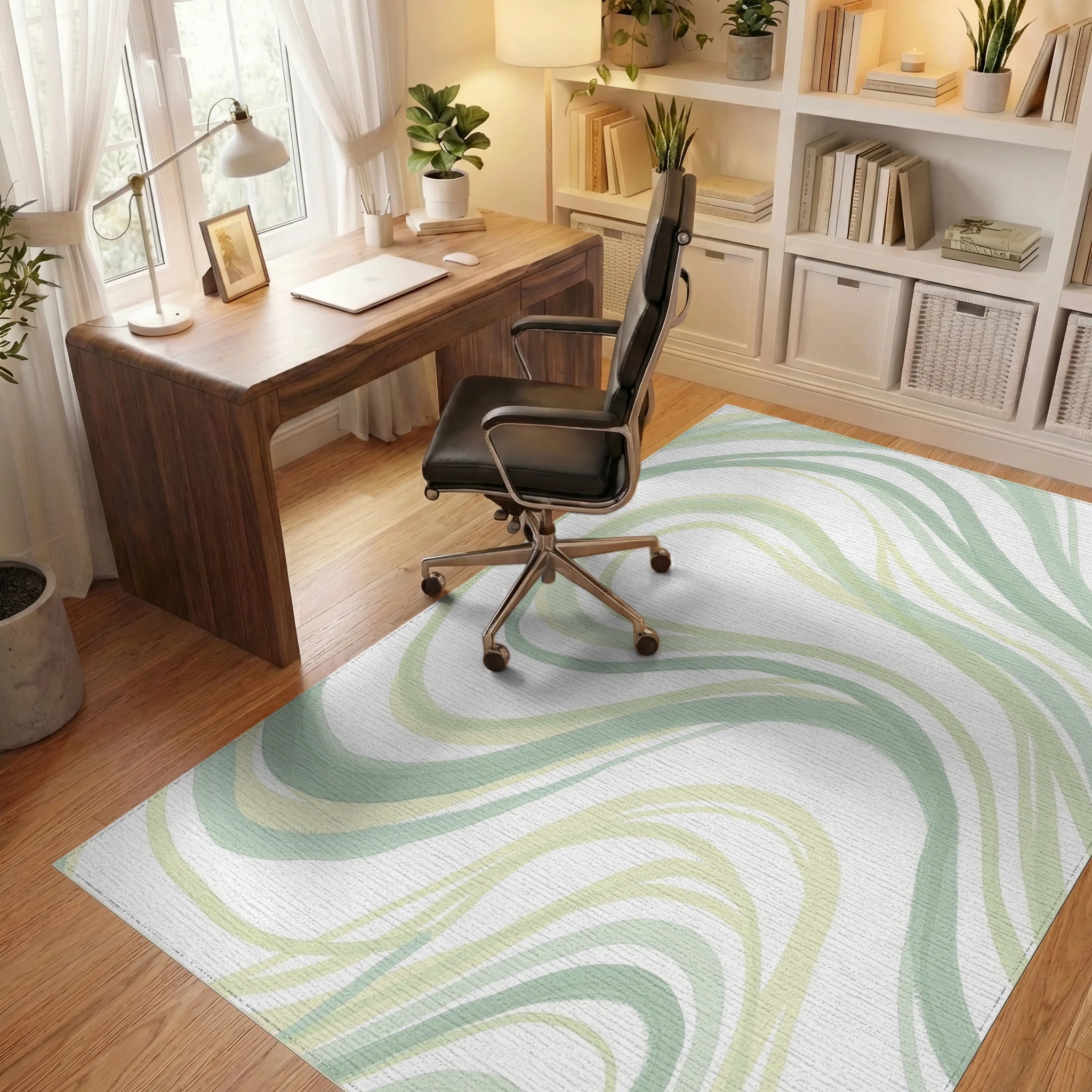 Soft Green Abstract Wavy Stripes Rug Office View