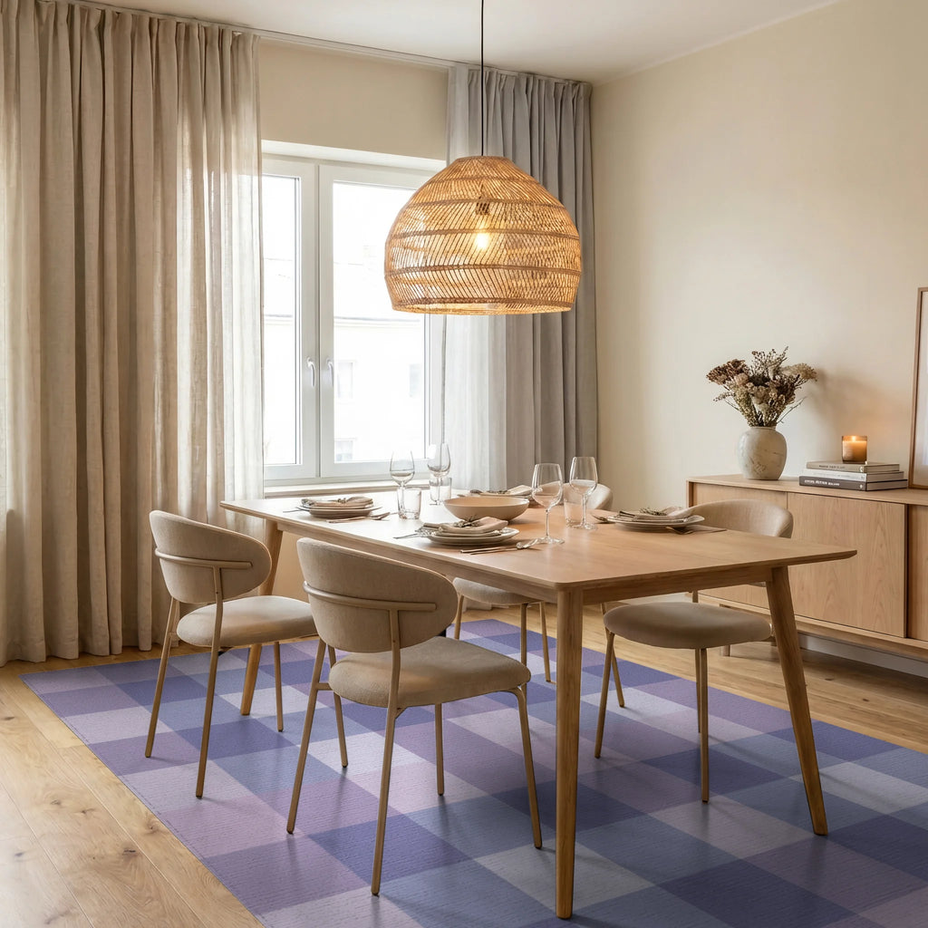 Soft Lavender Gingham Check Rug Dining Room View
