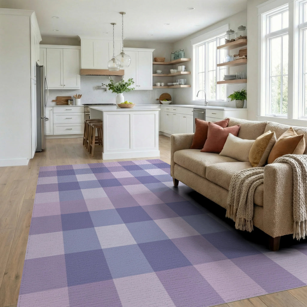 Soft Lavender Gingham Check Rug Living Room View