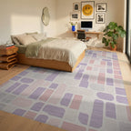Soft Lavender Pink Geometric Blocks Rug - Bedroom View