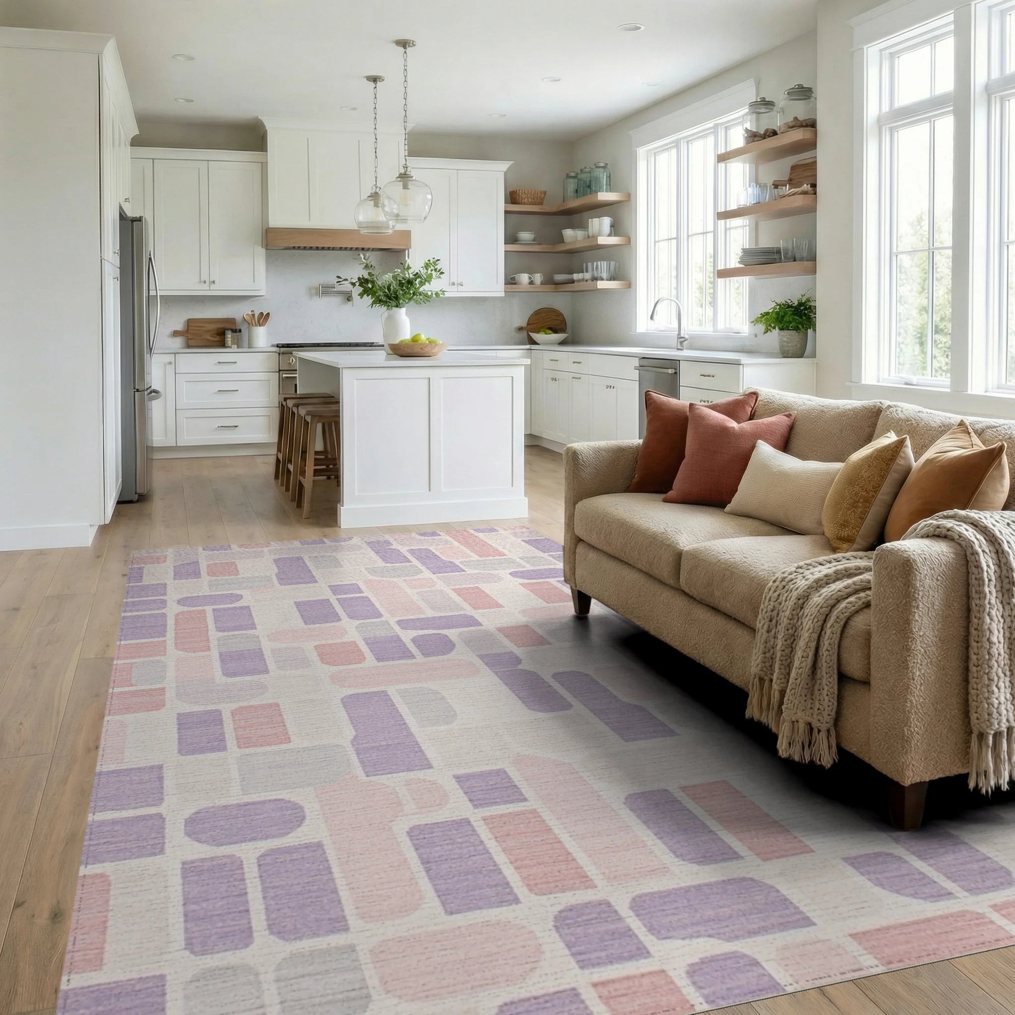 Soft Lavender Pink Geometric Blocks Rug - Living Room View