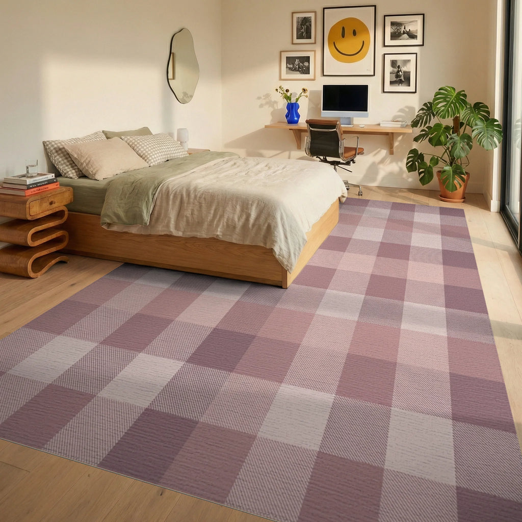 Soft Mauve Gingham Plaid Blanket Rug Bedroom View