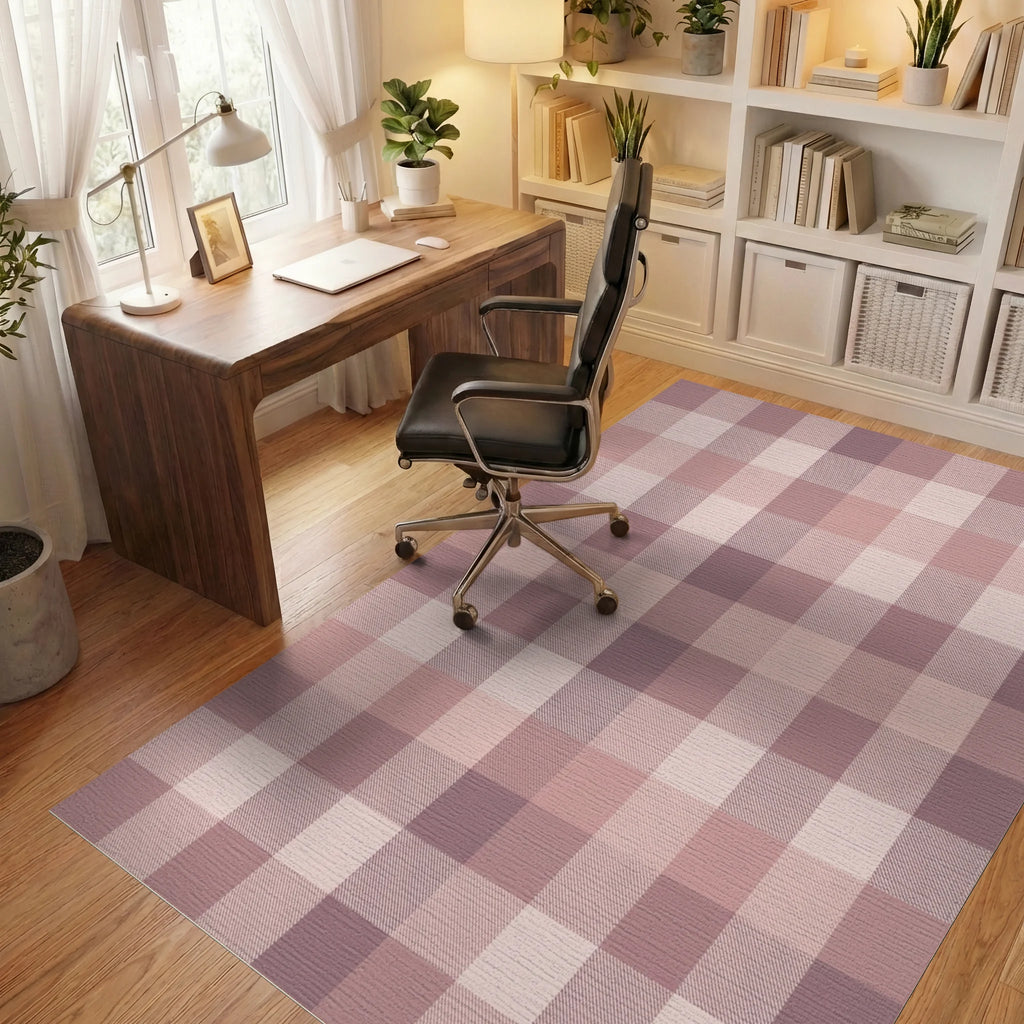 Soft Mauve Gingham Plaid Blanket Rug Office View