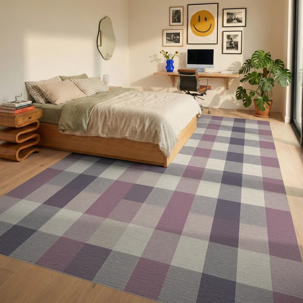 Soft Mauve Plaid Checkered Rug Bedroom View