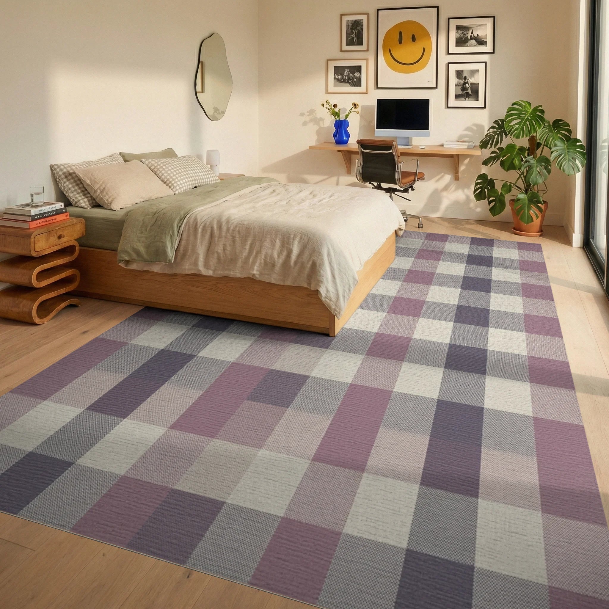 Soft Mauve Plaid Checkered Rug Bedroom View