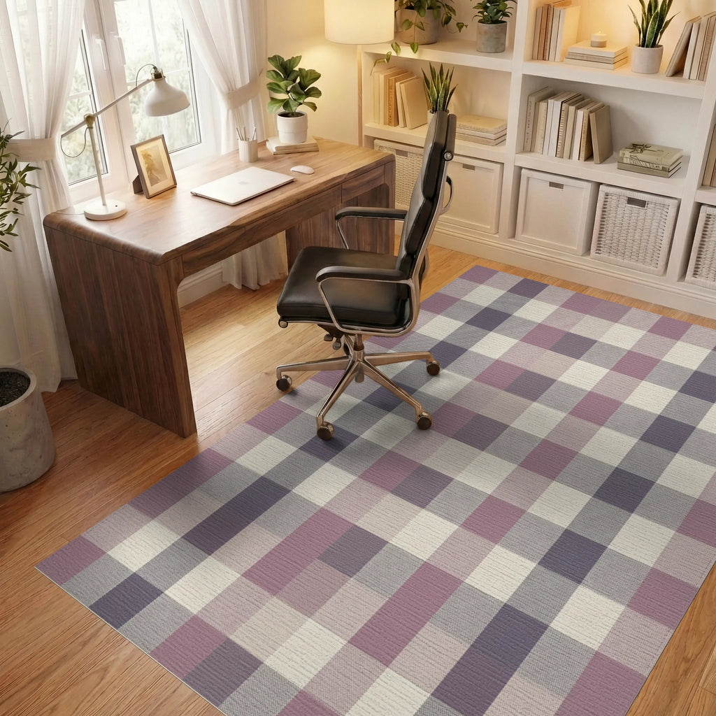 Soft Mauve Plaid Checkered Rug Office View