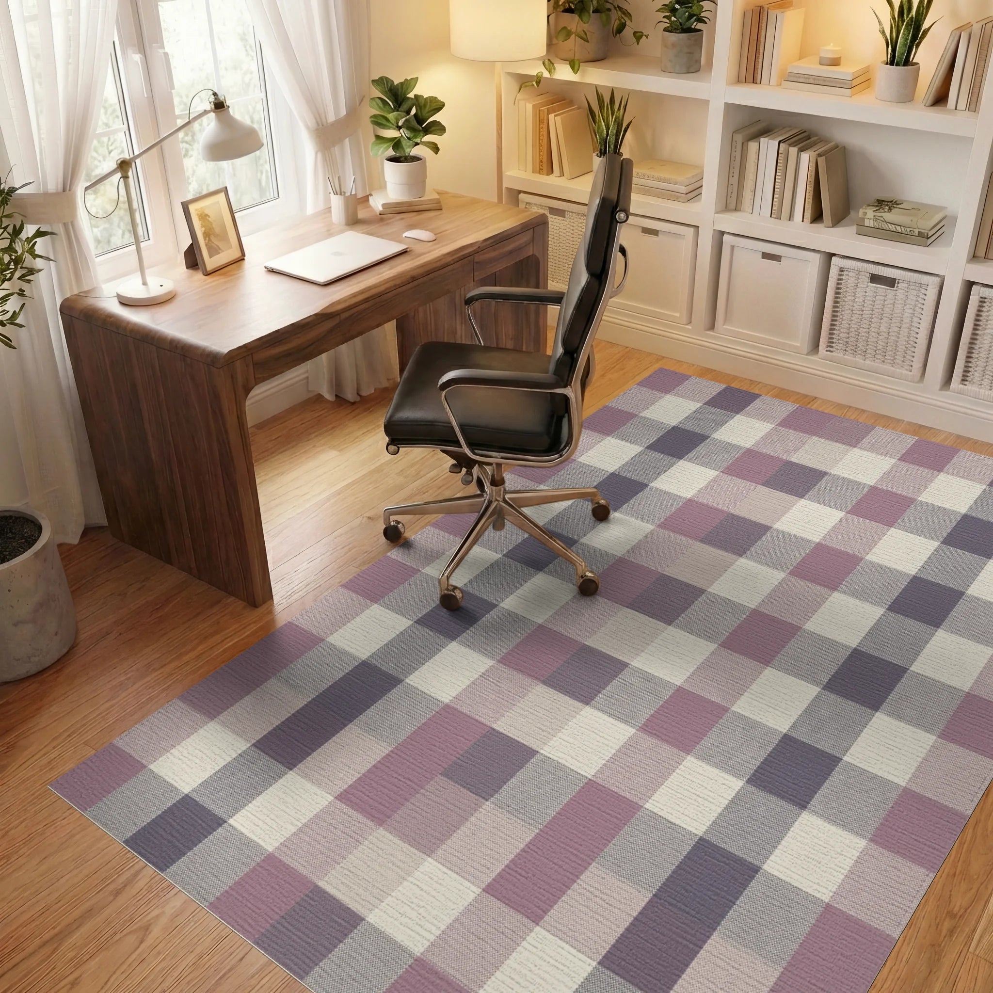 Soft Mauve Plaid Checkered Rug Office View
