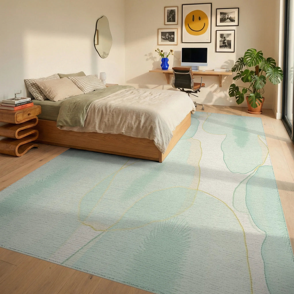 Soft Mint Abstract Organic Forms Rug Bedroom View