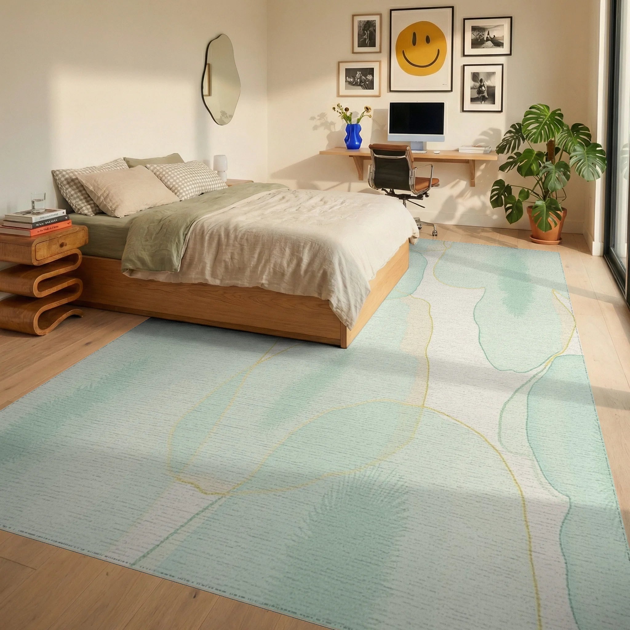 Soft Mint Abstract Organic Forms Rug Bedroom View