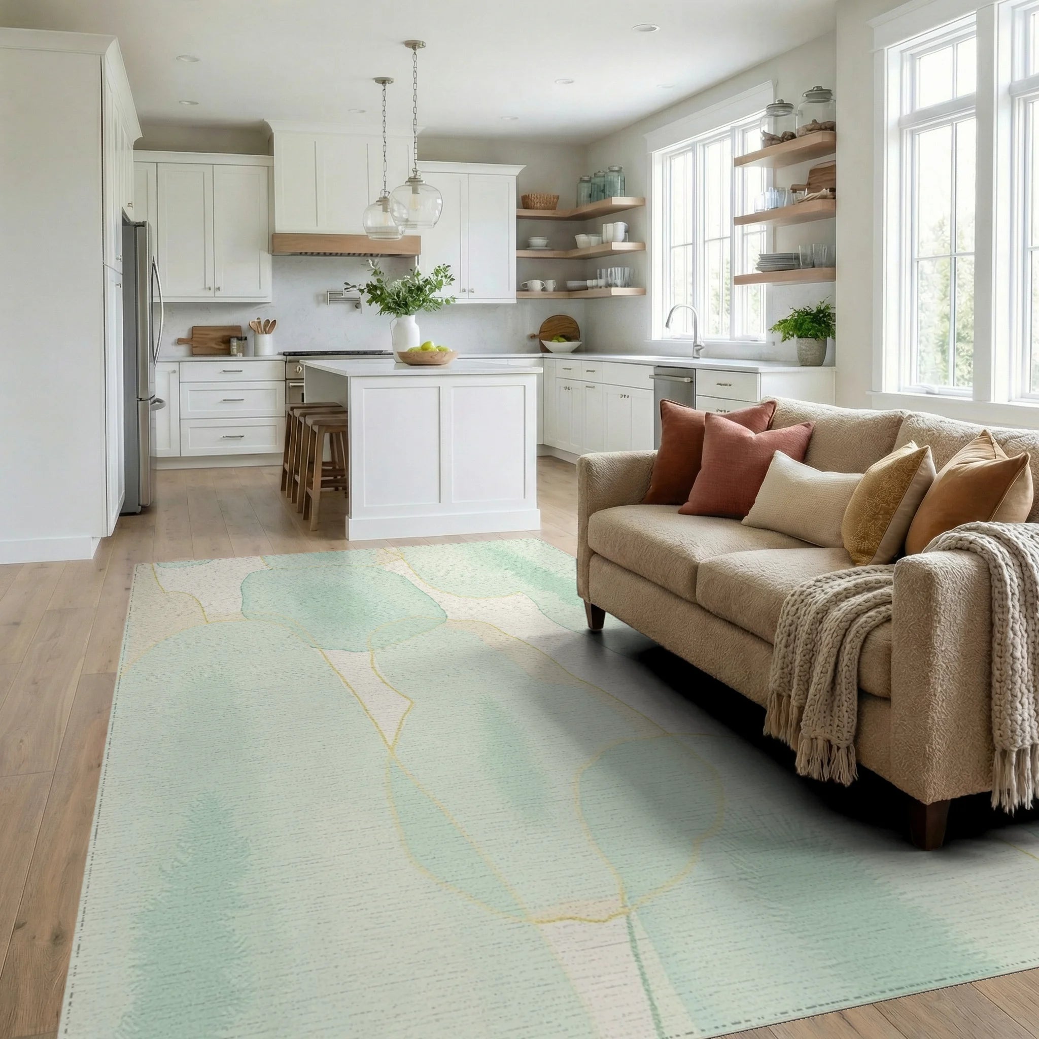 Soft Mint Abstract Organic Forms Rug Living Room View