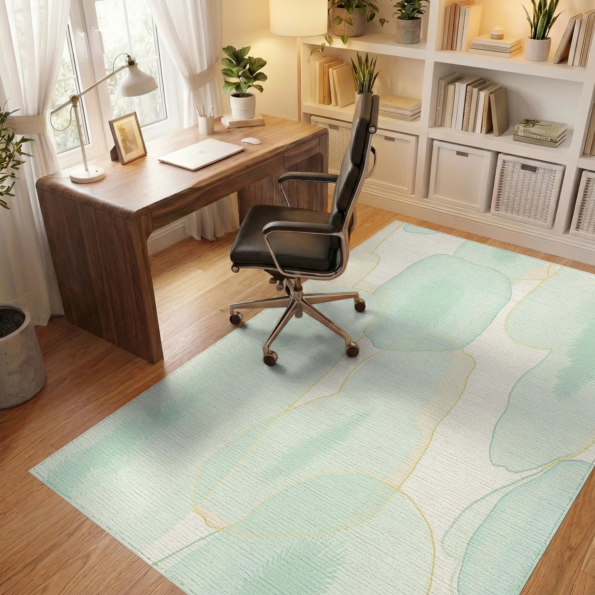 Soft Mint Abstract Organic Forms Rug Office View