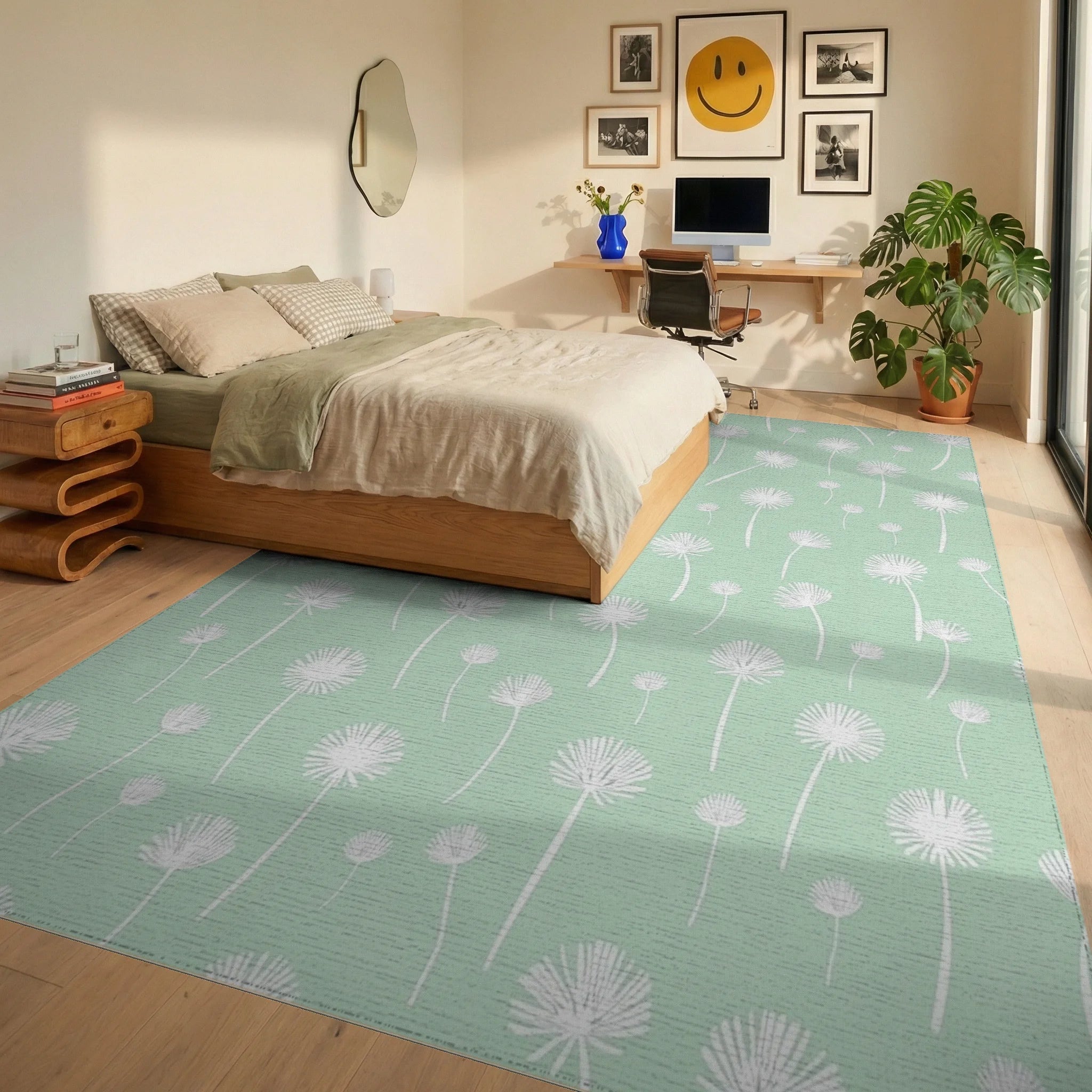 Soft Mint Dandelion Field Pattern Rug Bedroom View