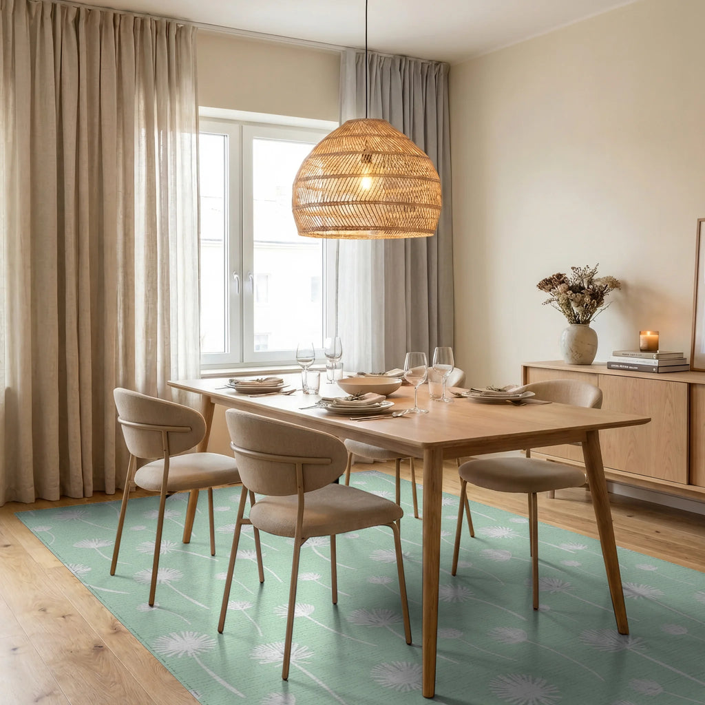 Soft Mint Dandelion Field Pattern Rug Dining Room View