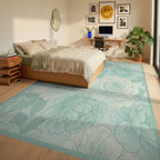 Soft Mint Floral Peony Rose Art Rug Bedroom View