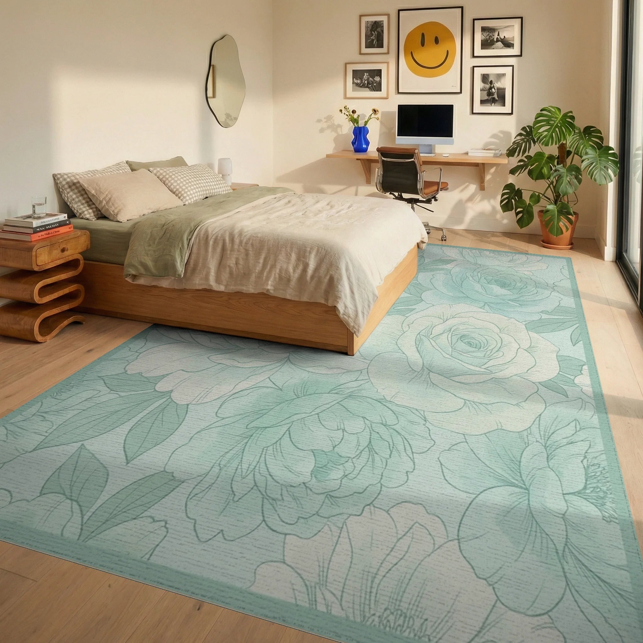 Soft Mint Floral Peony Rose Art Rug Bedroom View