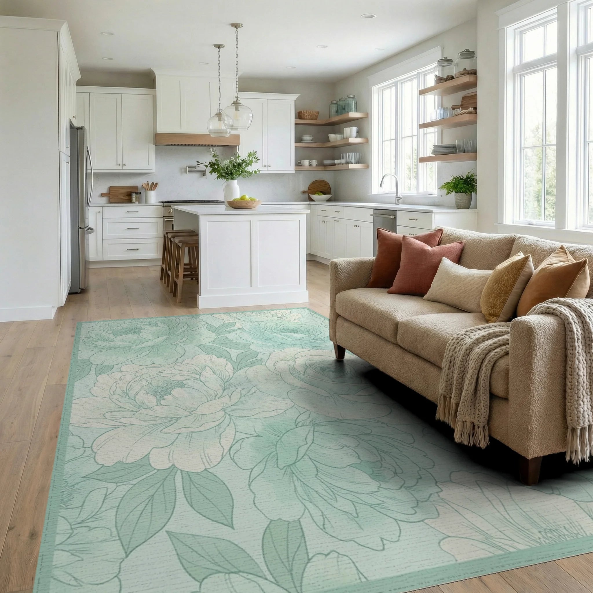 Soft Mint Floral Peony Rose Art Rug Living Room View