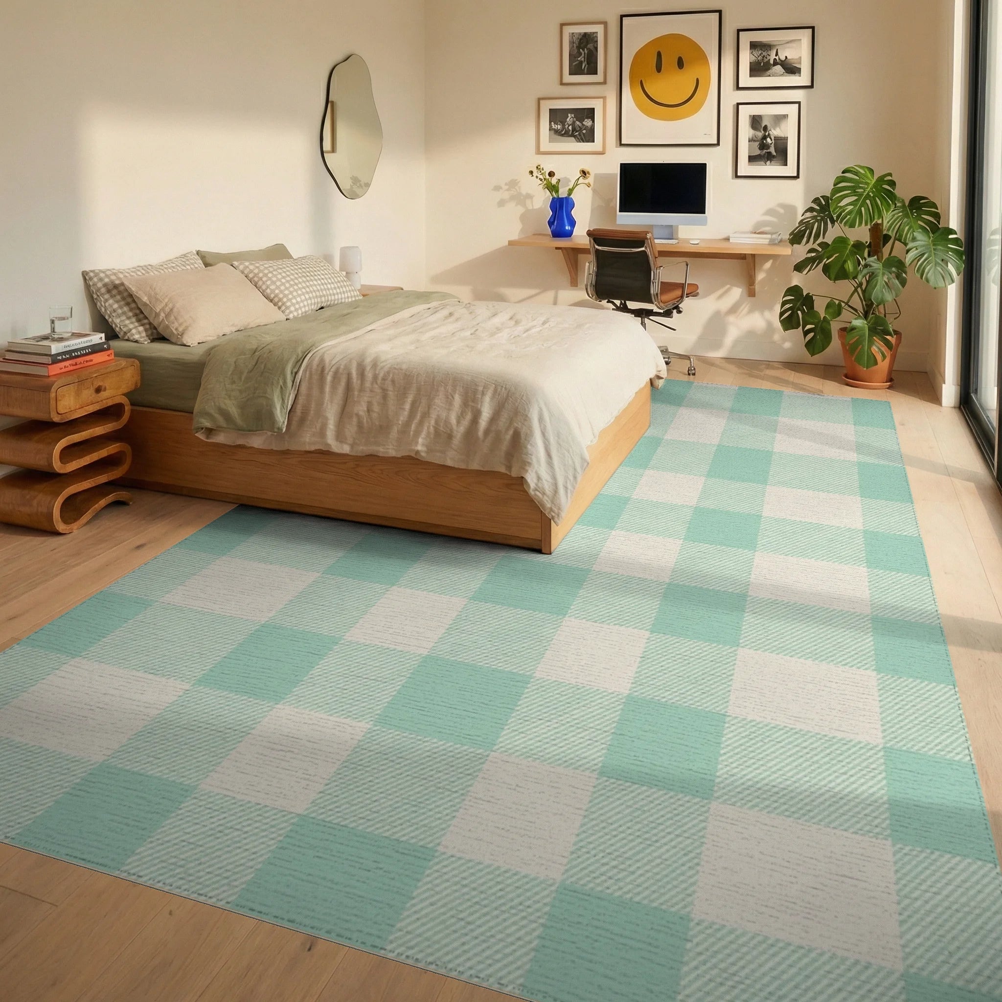 Soft Mint Gingham Check Rug Bedroom View