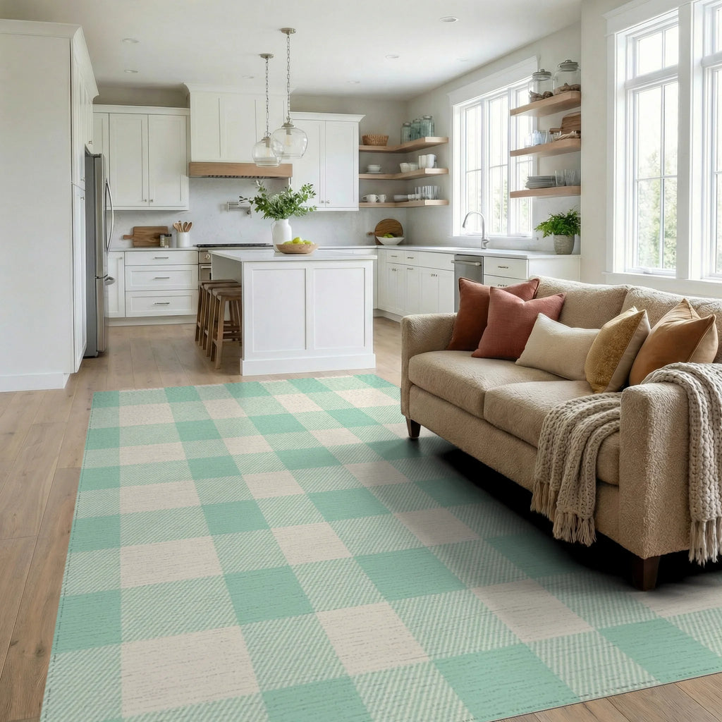 Soft Mint Gingham Check Rug Living Room View