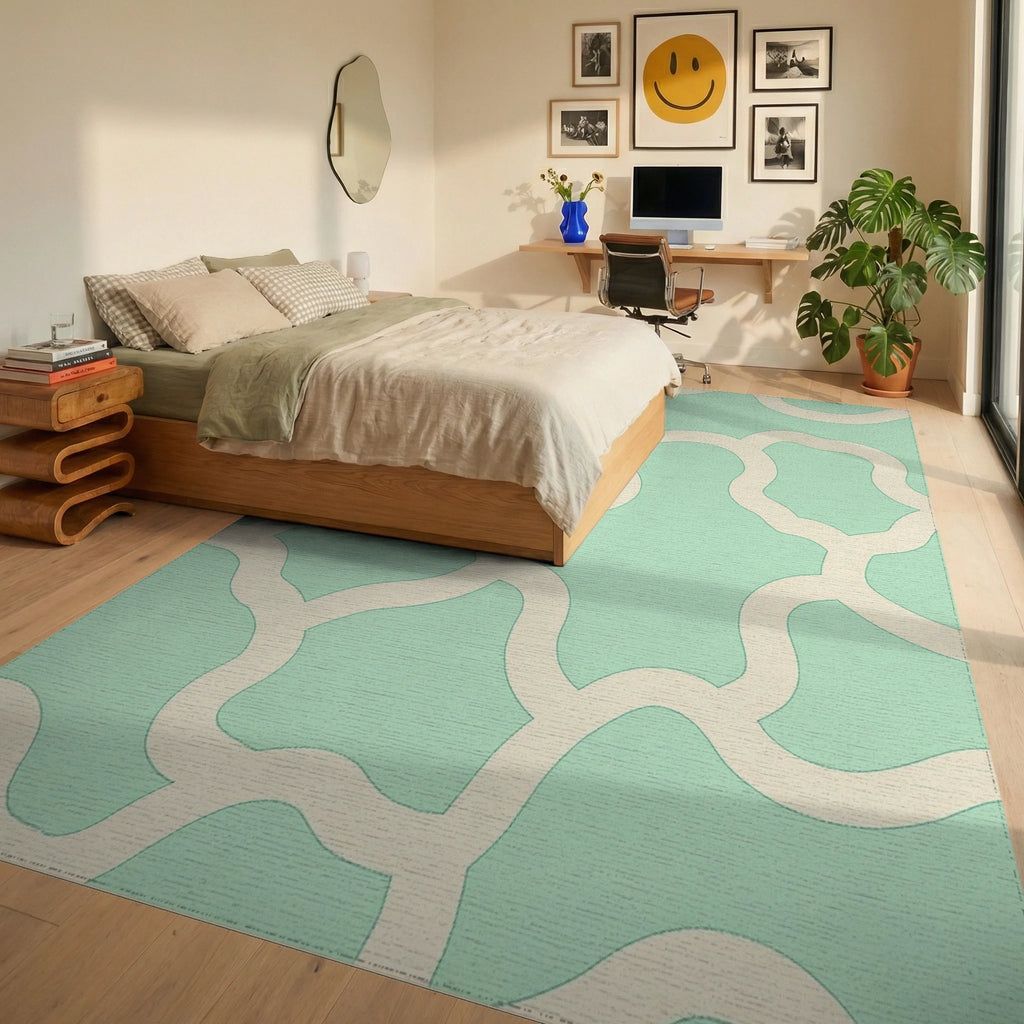 Soft Mint Ivory Organic Pattern Rug Bedroom View