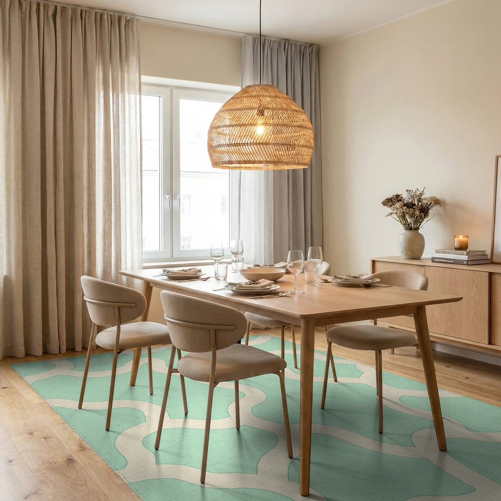 Soft Mint Ivory Organic Pattern Rug Dining Room View