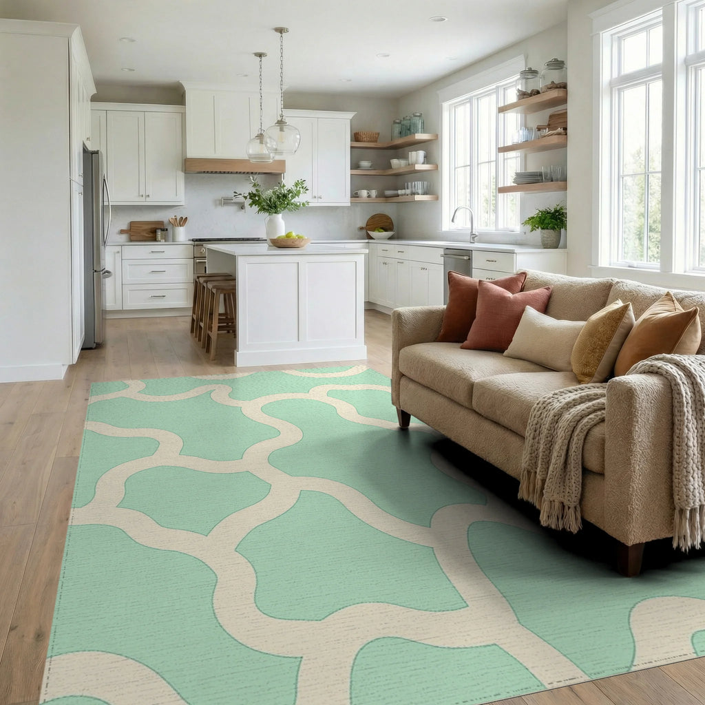 Soft Mint Ivory Organic Pattern Rug Living Room View