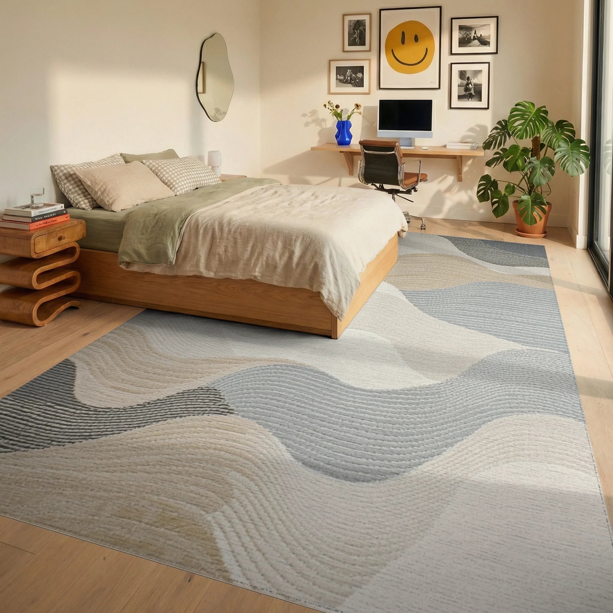 Soft Neutral Wave Landscape Rug - Bedroom View