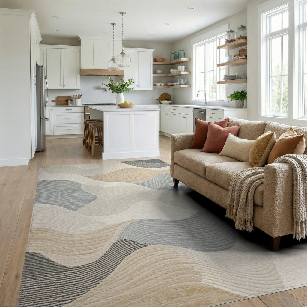 Soft Neutral Wave Landscape Rug - Living Room View
