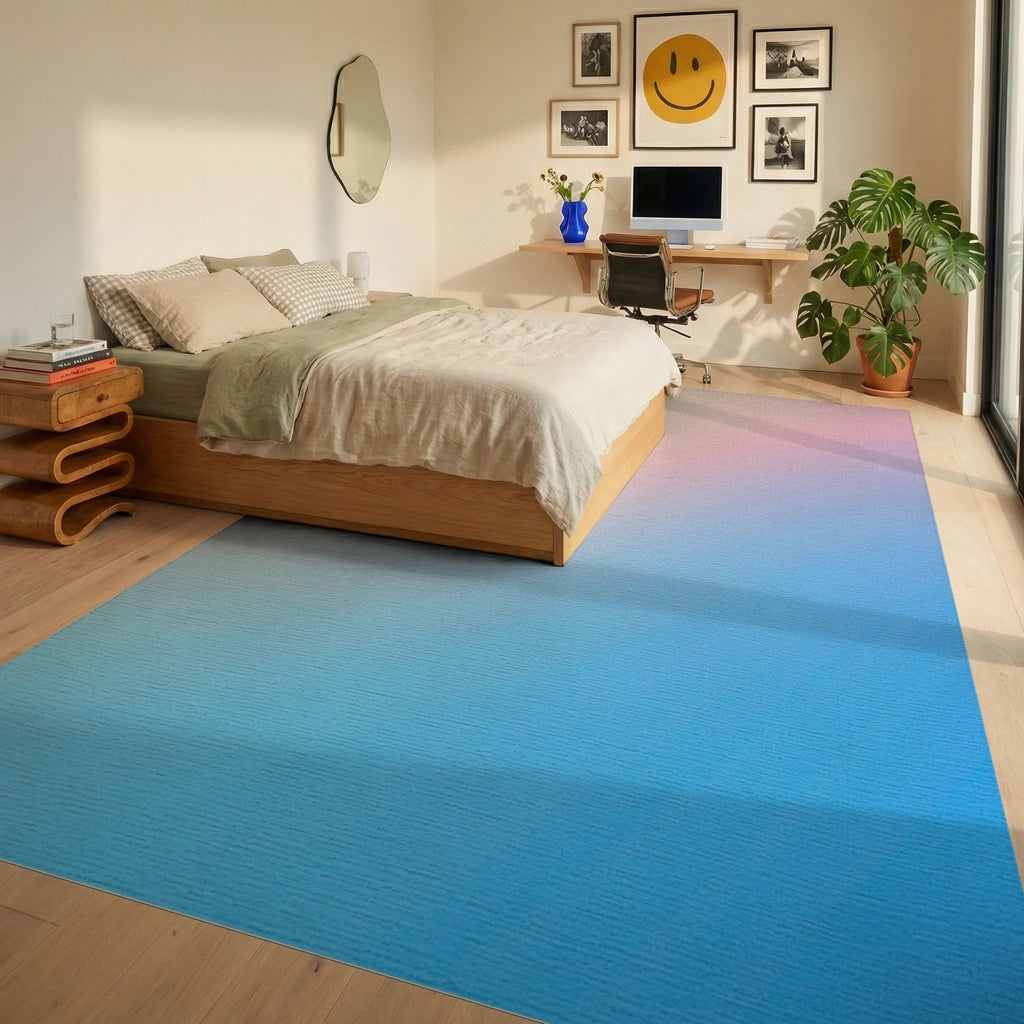 Soft Ombre Gradient Pastel Pink Blue Rug Bedroom View