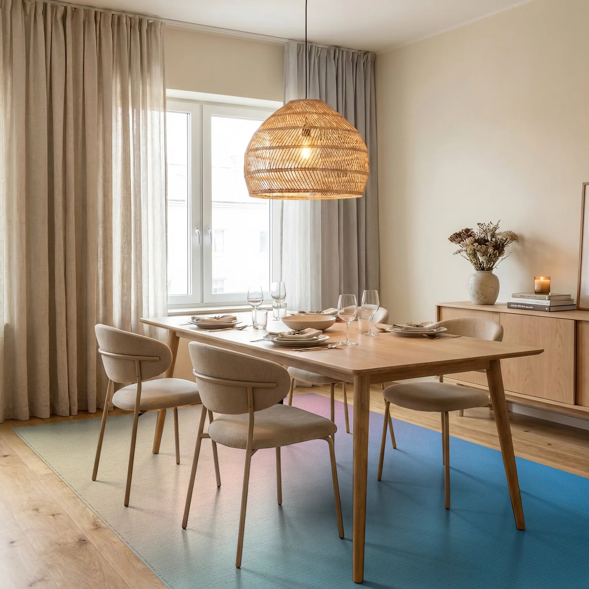 Soft Ombre Gradient Pastel Pink Blue Rug Dining Room View