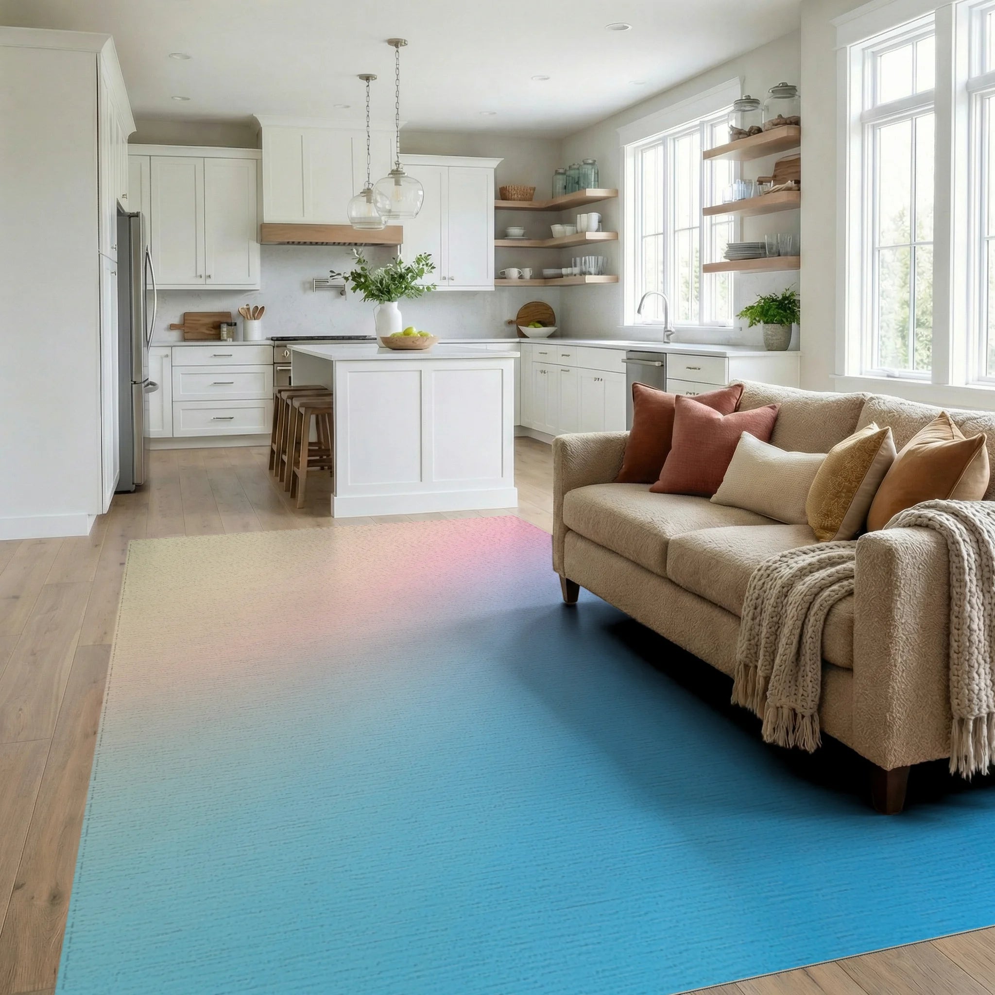 Soft Ombre Gradient Pastel Pink Blue Rug Living Room View