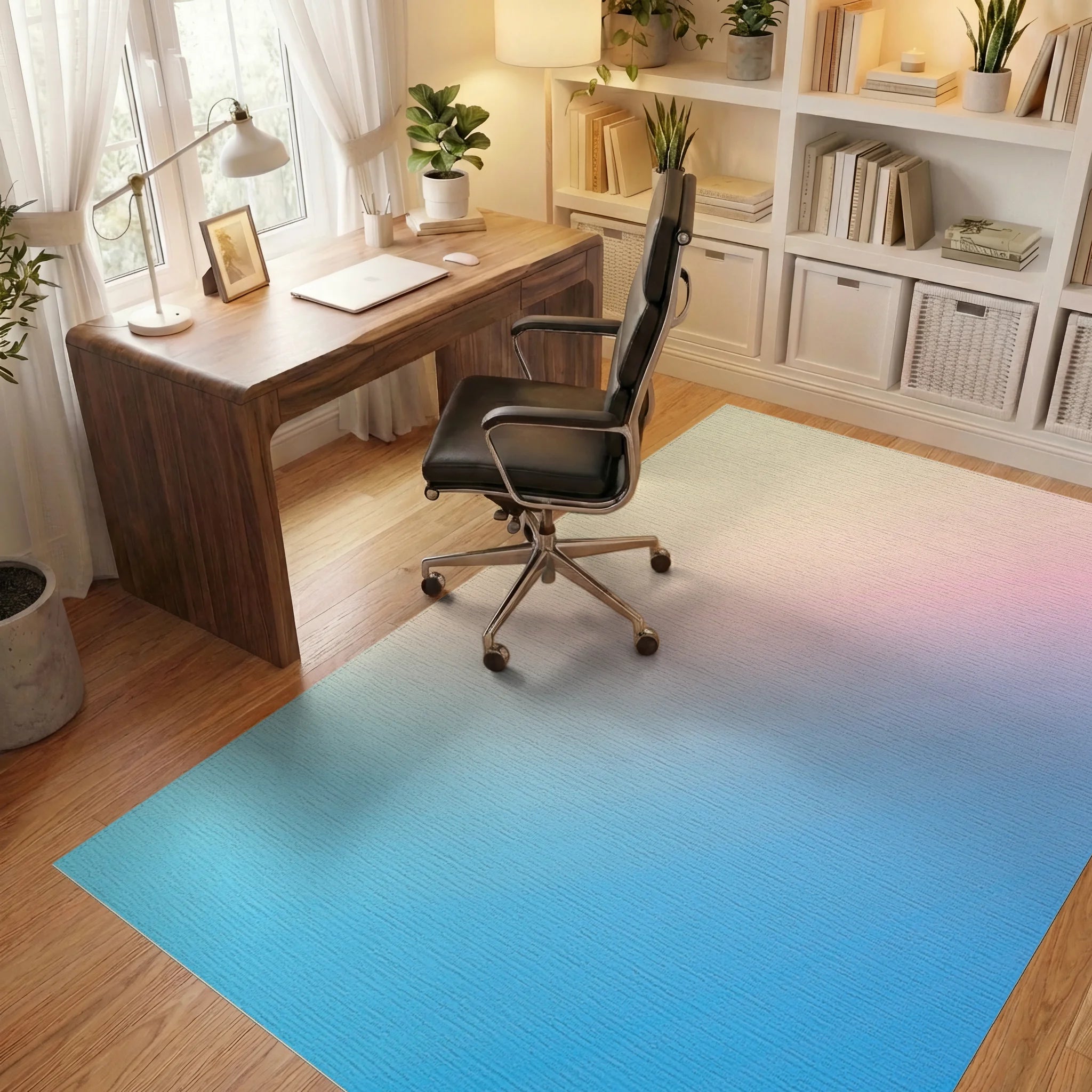 Soft Ombre Gradient Pastel Pink Blue Rug Office View