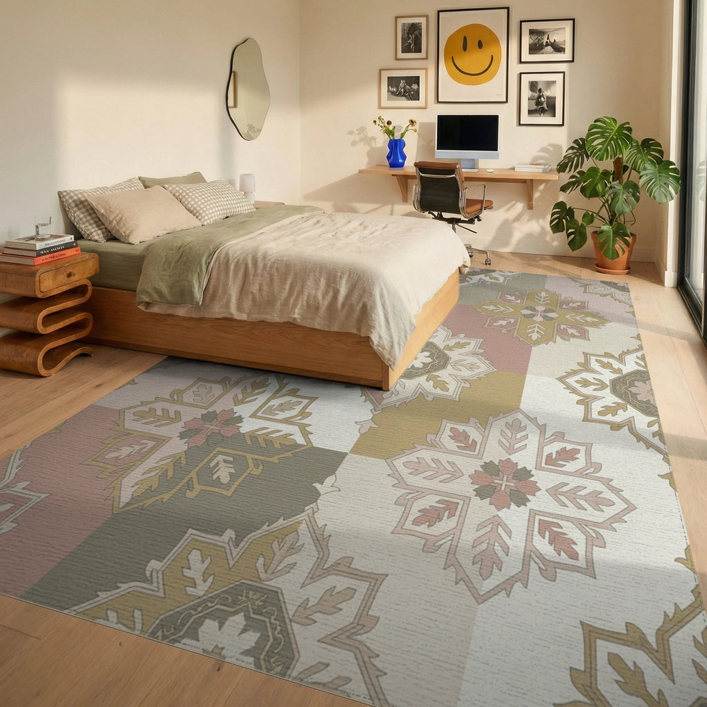 Soft Pastel Geometric Medallion Rug Bedroom View