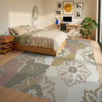 Soft Pastel Geometric Medallion Rug Bedroom View
