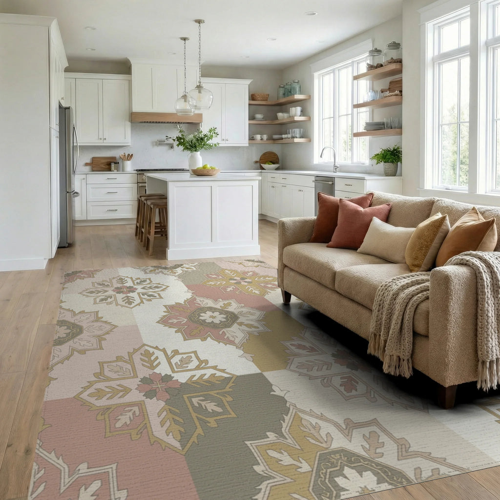 Soft Pastel Geometric Medallion Rug Living Room View