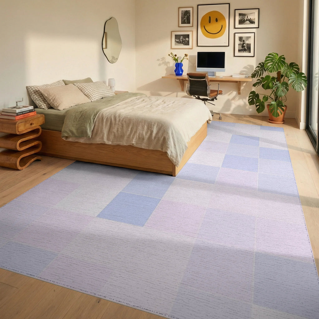 Soft Pastel Geometric Square Design Rug Bedroom View