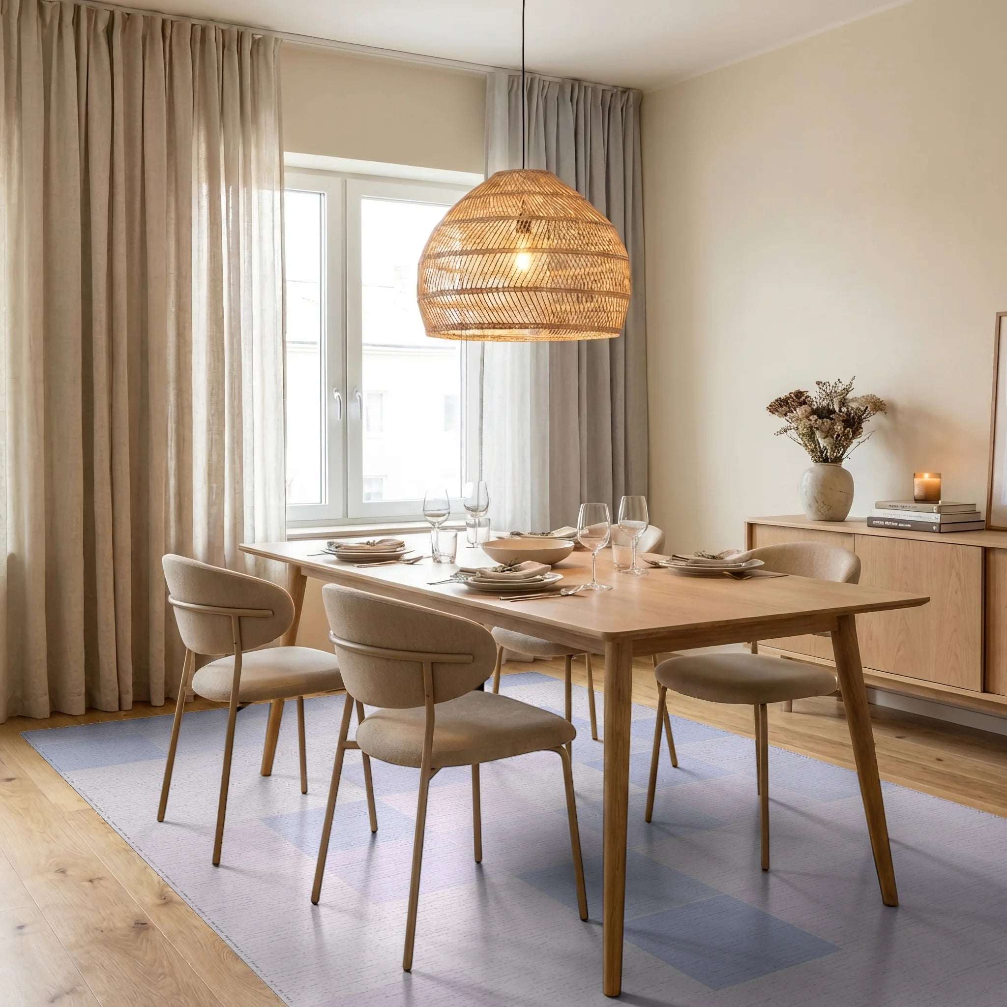 Soft Pastel Geometric Square Design Rug Dining Room View