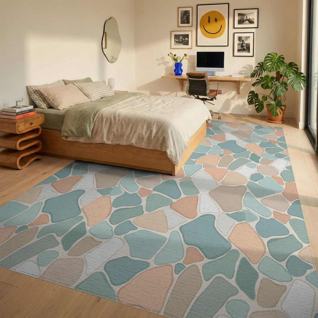 Soft Pastel Irregular Stone Mosaic Rug Bedroom View