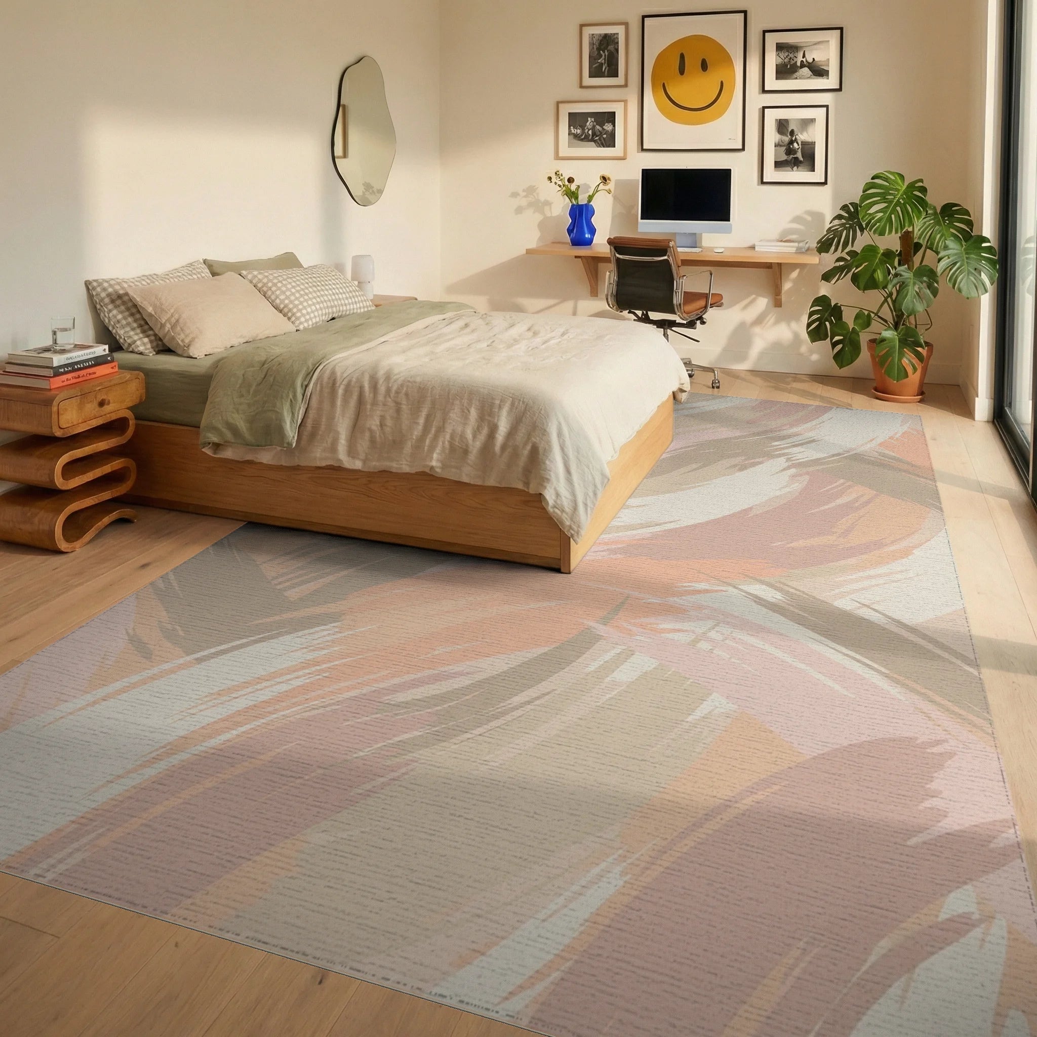 Soft Peach Abstract Brushstroke Rug Bedroom View