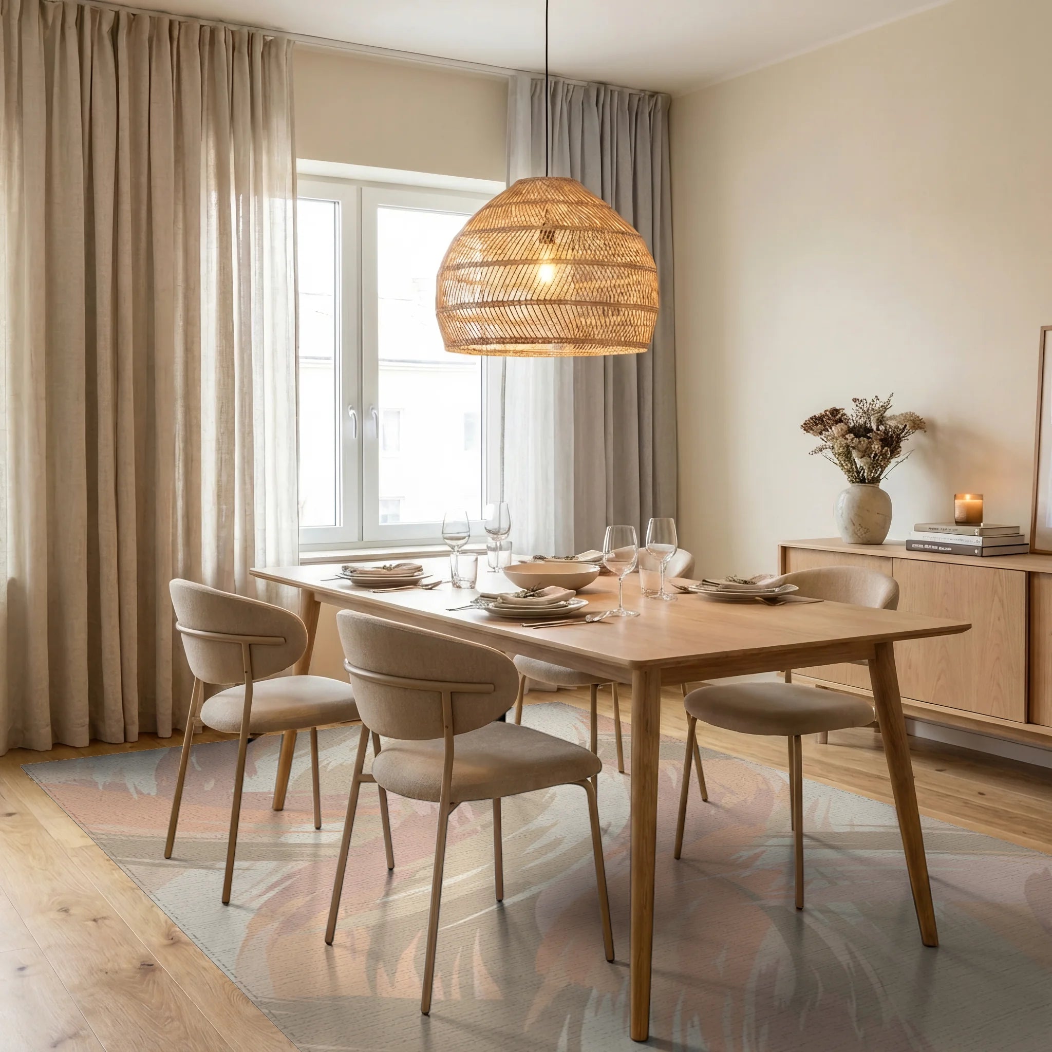 Soft Peach Abstract Brushstroke Rug Dining Room View