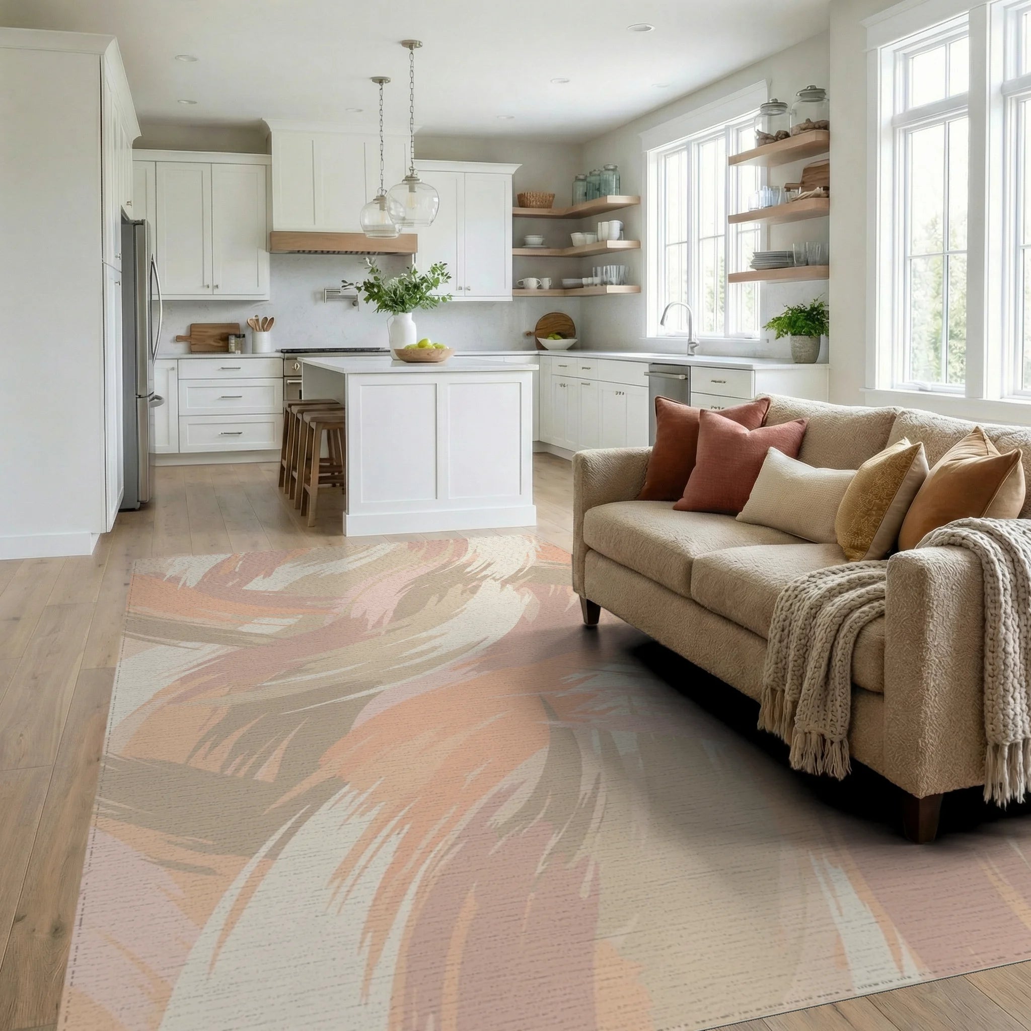 Soft Peach Abstract Brushstroke Rug Living Room View