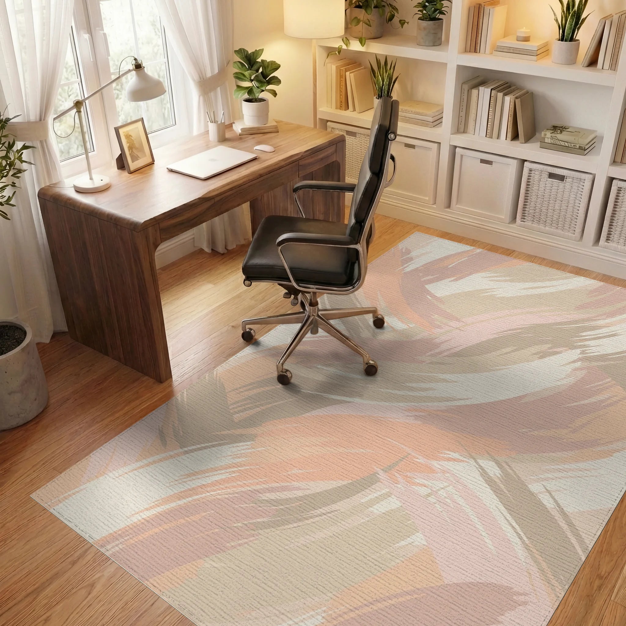 Soft Peach Abstract Brushstroke Rug Office View