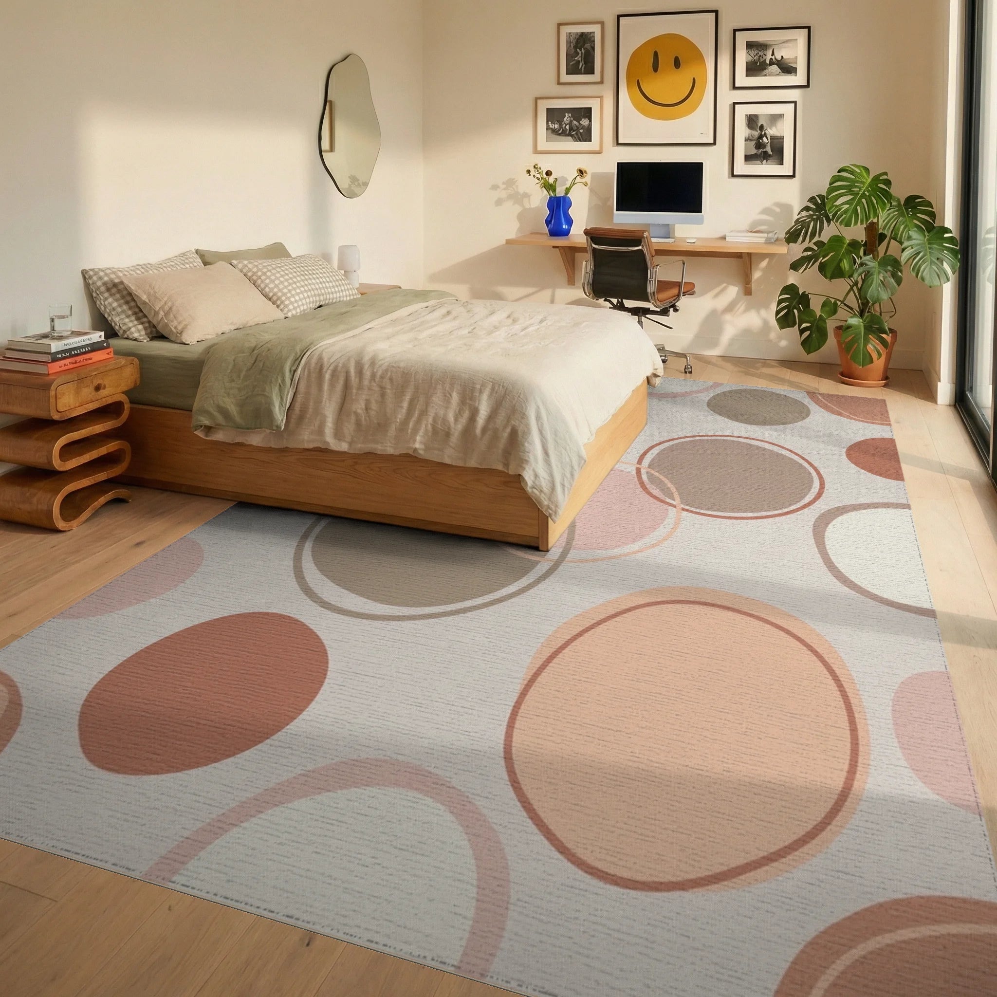 Soft Peach Abstract Circles Rug Bedroom View