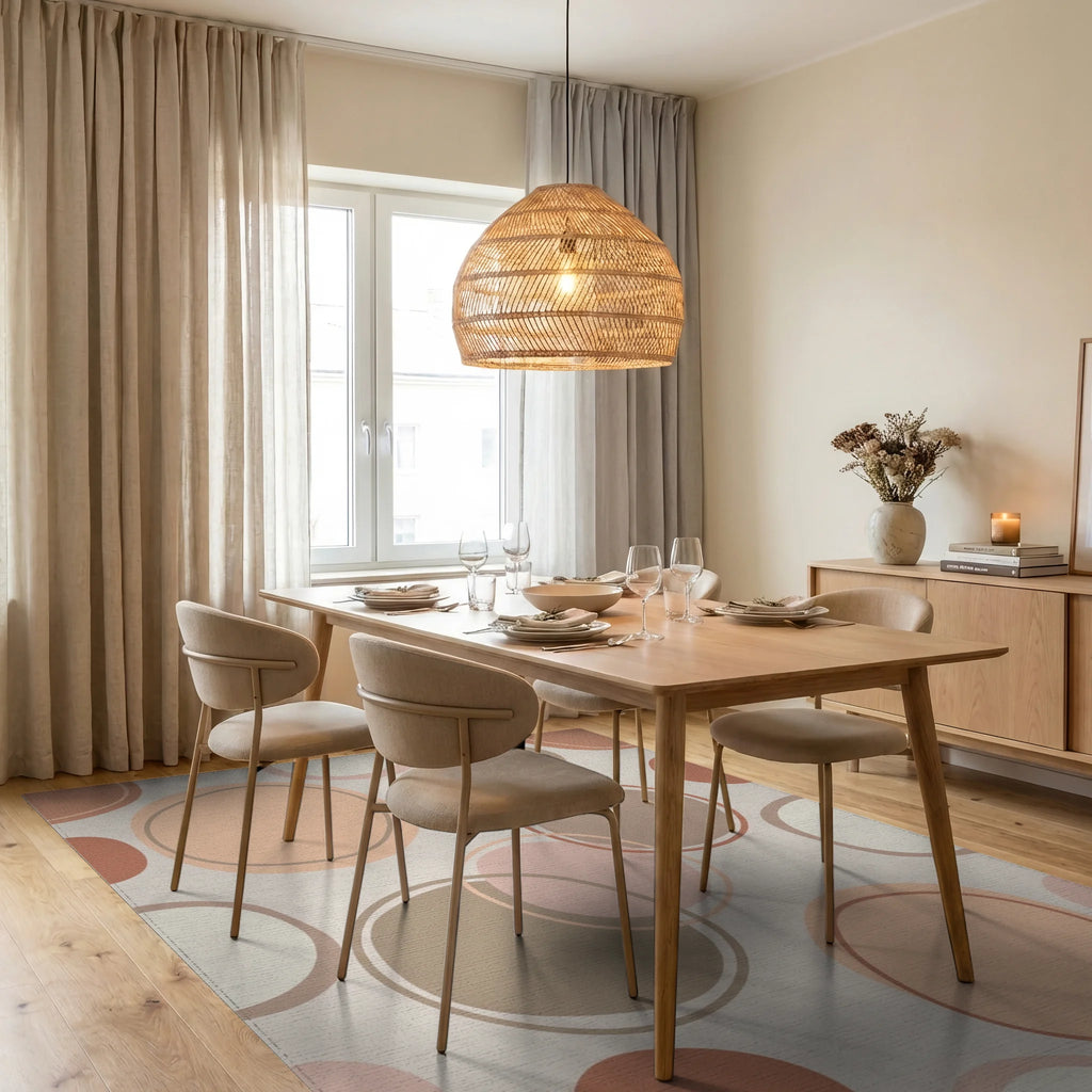 Soft Peach Abstract Circles Rug Dining Room View