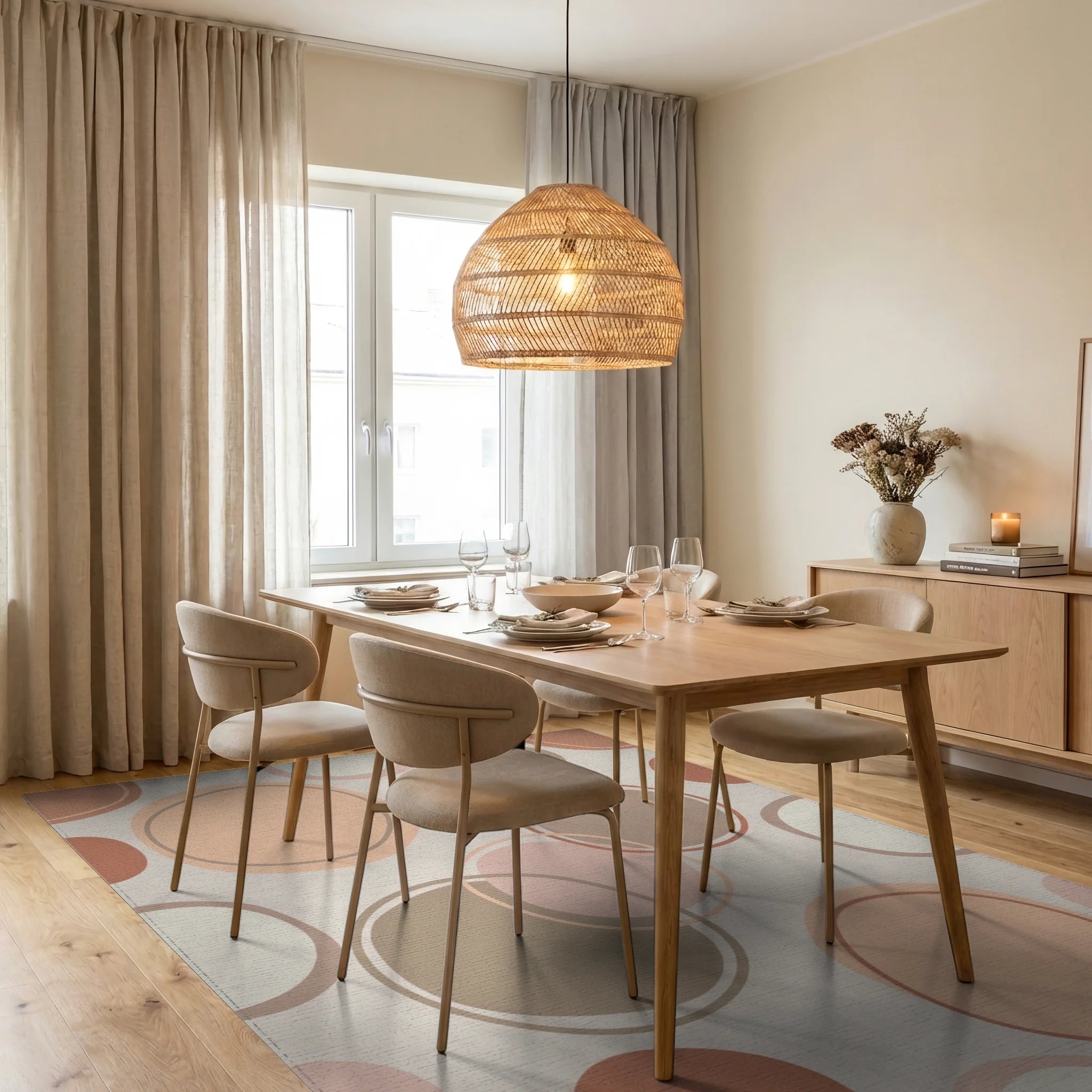 Soft Peach Abstract Circles Rug Dining Room View