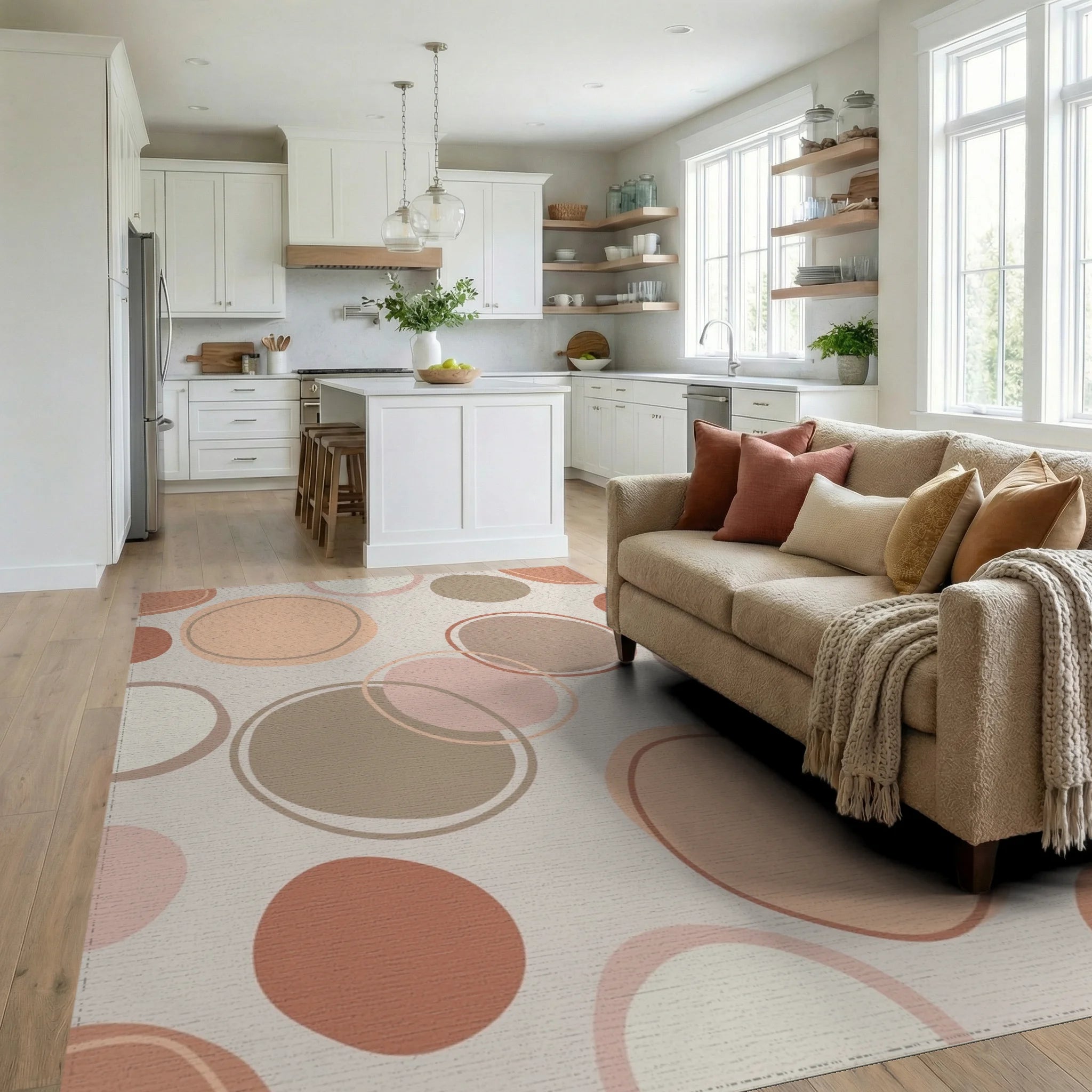 Soft Peach Abstract Circles Rug Living Room View