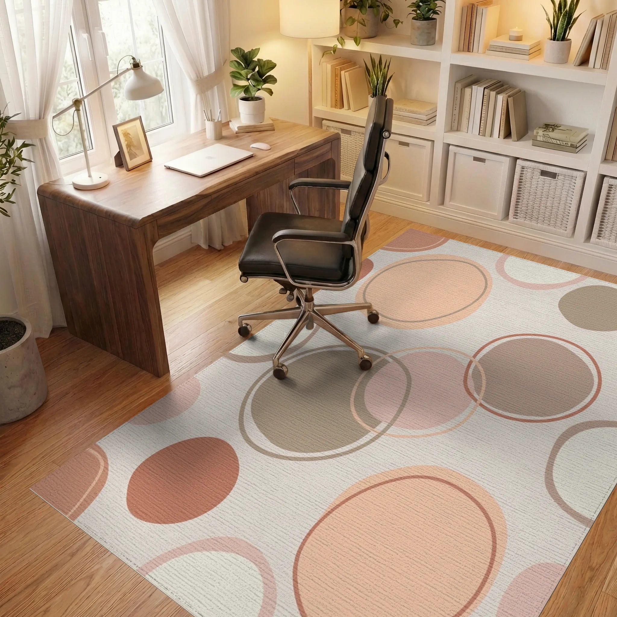 Soft Peach Abstract Circles Rug Office View